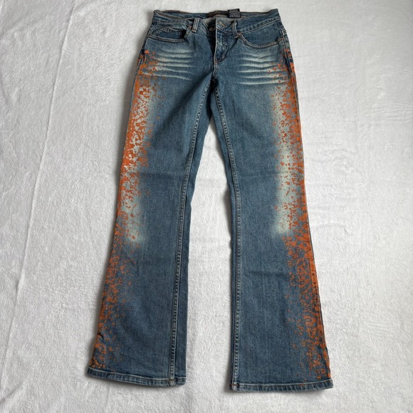 Y2K BeBe Jeans Womens Size 28 Blue Denim Paint Splatter Low Boot Mid - Picture 6 of 12